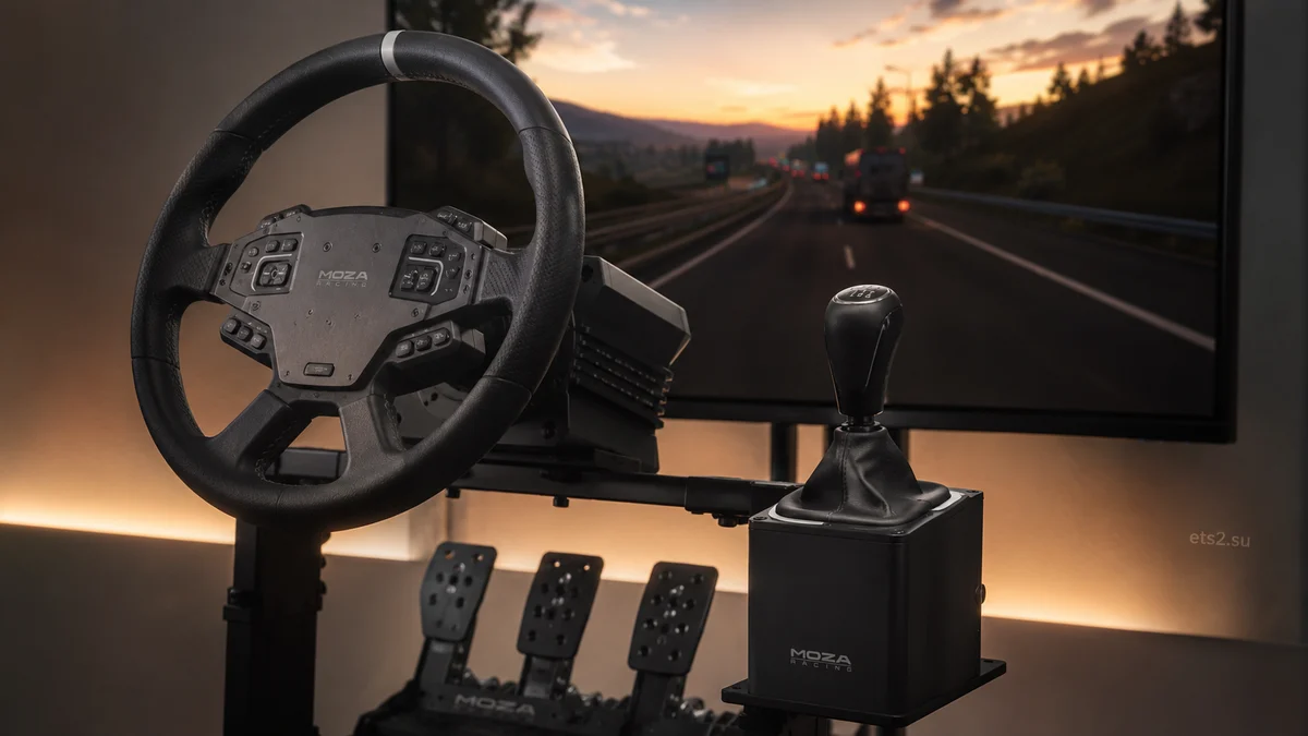Грузовой руль MOZA с педалями и рычагом переключения перед экраном с Euro Truck Simulator 2